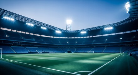 A colossal soccer sanctuary illuminated beneath a twilight sky, embodying passion and sporting tradition under the stadium spotlights intensity