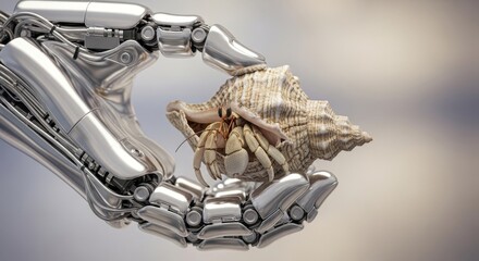 A chrome robot hand holds a hermit crab in a shell against a blurred background
