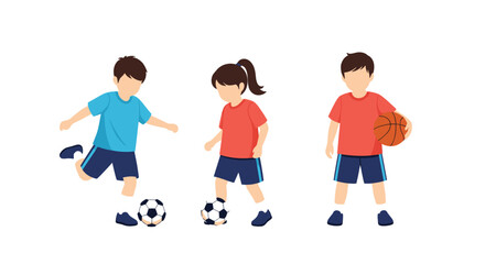 Children playing sports like soccer and basketball in casual attire.