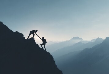 Silhouetted figures ascending a steep, rocky mountainside against a muted blue sky and distant mountain range, depicting support and challenge
