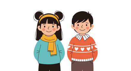Cute cartoon boy and girl wearing winter clothes.
