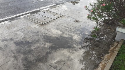 Puddles on the sidewalk on a rainy day