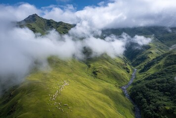 Verdant mountain slope descends to a river, shrouded by fluffy clouds. A small herd of animals graze on the steep hill. Sky above is serene