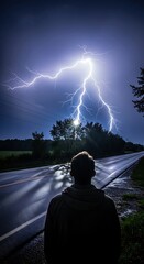 A dramatic lightning storm illuminates a lone figure standing on a country road at night.
