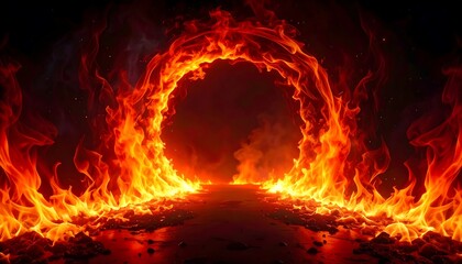 Fototapeta premium Fiery Portal: Intense Inferno Archway with Burning Flames and Glowing Embers.
