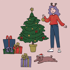 A woman in Christmas clothes decorates a Christmas tree