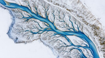 Aerial view of a glacial river system winding through a snow-covered plain, forming an intricate, branching pattern resembling veins or tree roots