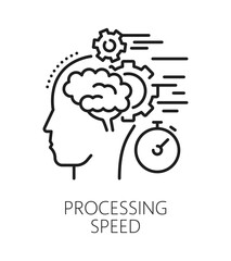 Brain processing speed cognitive ability line icon or symbol. Cognitive ability linear vector symbol, brain processing speed therapy pictogram. Mental capability sign with human brain and cog wheel
