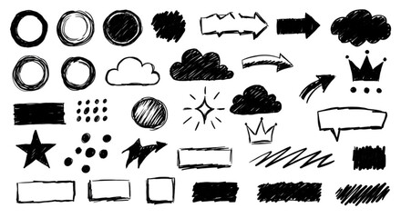 Illustration of handdrawn doodle elements including arrows, clouds, stars, and shapes