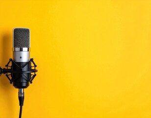 Studio microphone stands left on a vibrant yellow background. Modern, sleek, and professional recording vibe with ample space