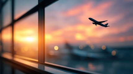 Airplane taking off seen through airport windows at sunset. Golden light reflects. Another plane sits on the ground in blurred background
