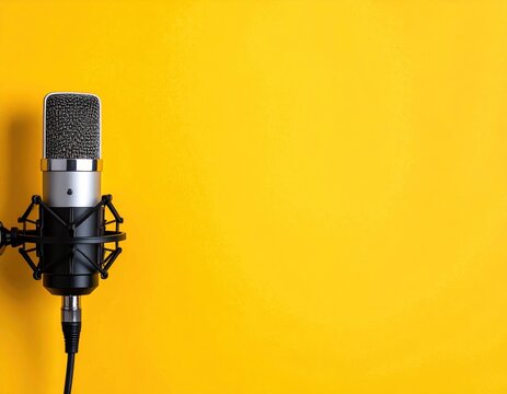 Studio microphone stands left on a vibrant yellow background. Modern, sleek, and professional recording vibe with ample space