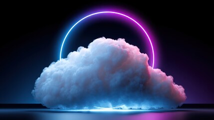 Ethereal cloud illuminated with a vibrant neon circle, against a dark backdrop, casts a gentle glow onto a reflective surface
