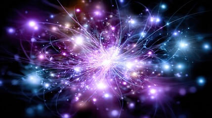 A burst of ethereal light radiates outwards in curved strands, amidst swirling purple and blue hues set against a dark background