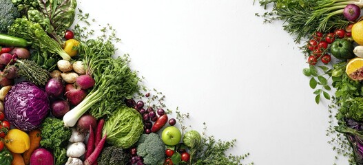 A colorful variety of fresh vegetables and herbs borders a bright white background, creating a vibrant and healthy frame