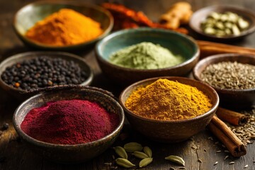 Colorful Spice Collection In Clay Bowls