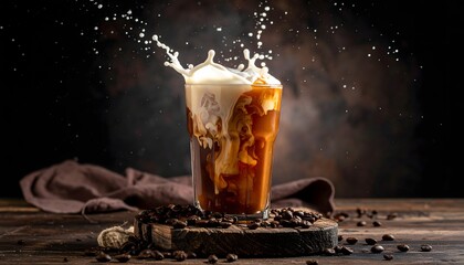 Dynamic splash of cream pouring into a tall glass of refreshing iced coffee on a rustic wooden table with scattered beans