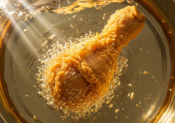 Crispy fried chicken leg being deep-fried in hot oil, bubbling and golden brown.
