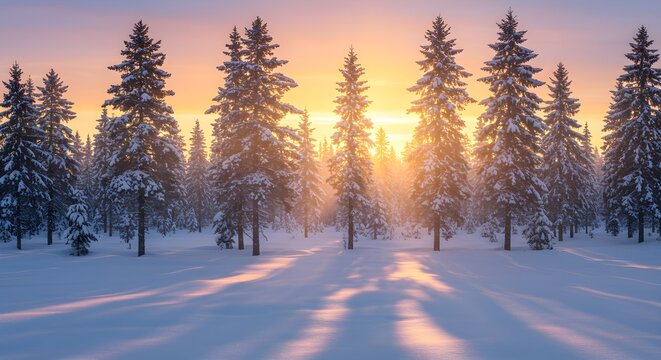 Winter sunrise in snowy forest