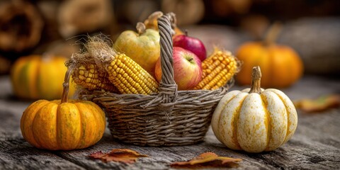 Warm-toned still life pumpkins, corn, apples in a basket on weathered wood, with blurred background of gourds and leaves
