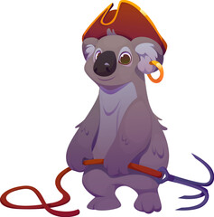 Cartoon koala animal pirate character. Isolated vector adorable corsair personage wearing tricorn hat and gold earring, holding a grappling hook with a playful expression, ready for fantasy adventure