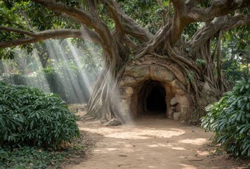 Bizarre tree trunk with roots enveloping a stone structure forming a dark cave, amidst green foliage & filtered sunlight
