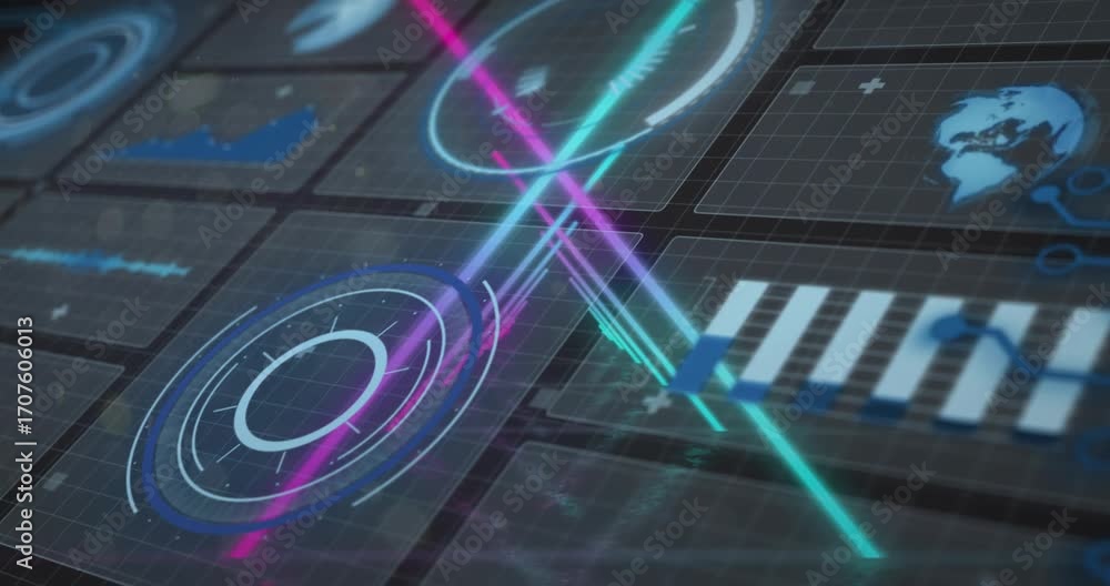 Poster magenta cyan beams intersecting activating hud pulsing rings linking chart and globe forming ui
