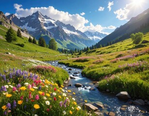 A vibrant meadow beside a flowing creek, nestled beneath towering snow-capped mountains, radiates a tranquil and serene atmosphere.