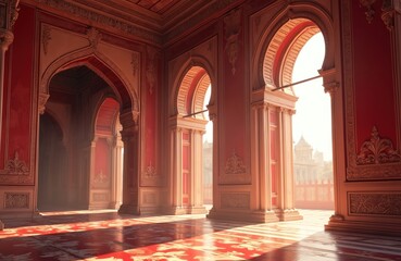 Grand palace interior features ornate red walls, intricate golden details, arched doorways. Sunlight streams through arches illuminating floral patterned floors. Rich decor suggests royal heritage,
