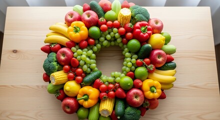 Vibrant wreath crafted from fresh fruits and vegetables, showcasing natural diversity and wholesome abundance on light wood surface