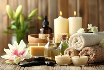 Serene spa arrangement blooming lotus, lit candles, folded towels, essential oils, & smooth stones, set on rustic wood, exuding calmness and relaxation