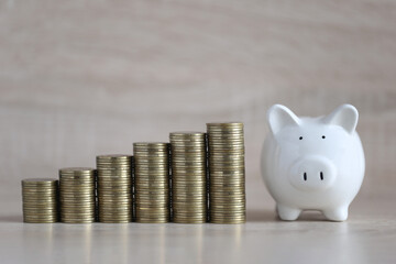 Finance, Piggy bank and coins money on wooden background, investment and business concept