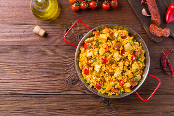 Traditional Spanish Paella with chicken.