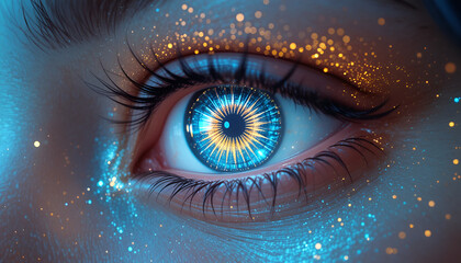 Closeup of a human eye with a complex, glowing blue and gold iris resembling a futuristic lens or digital interface, surrounded by sparkling particles