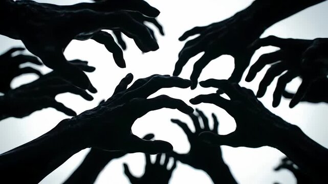 Zombie Hands Reaching in Surreal Cinematic Horror Scene