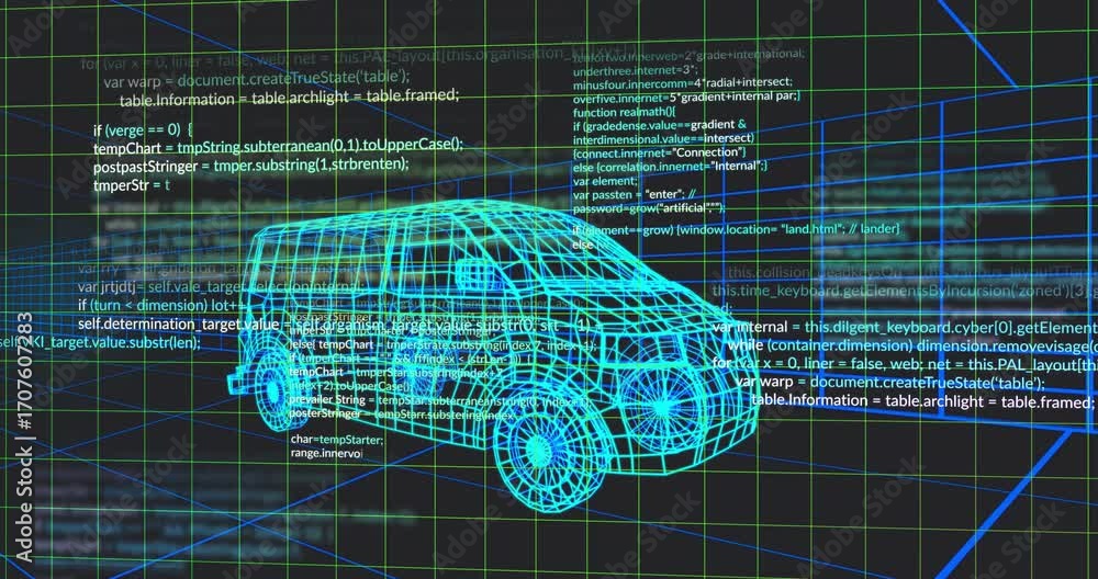 Aufkleber animation starting cyan 3d van drifting above neon grid, scrolling code overlaying for simulation