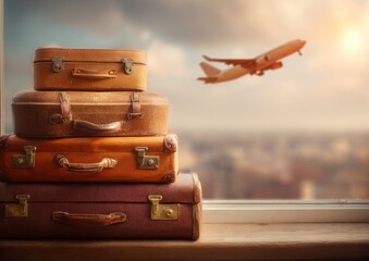 Stacked vintage suitcases sit by a window, an airplane taking flight in the background, cityscape blurred in golden sunlight