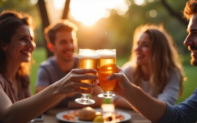 Young friends toasting outdoor. High quality