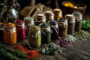 Colorful Spices And Herbs In Glass Jars On Wooden Surface