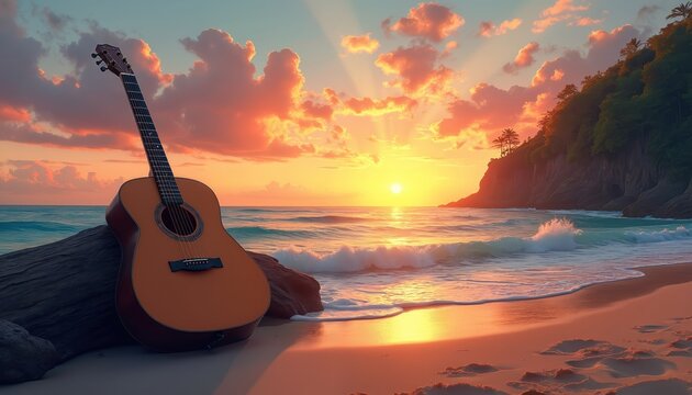Acoustic guitar rests on beach log against stunning sunset seascape. Warm orange sky meets turquoise ocean waves crashing on shore. Tropical island cliff backdrop enhances tranquil, melodic scene.