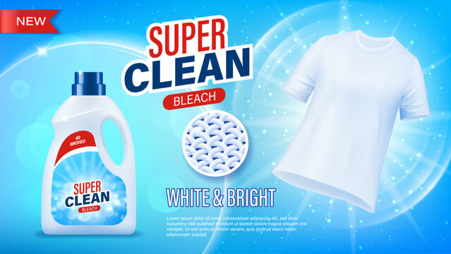 Realistic laundry detergent bottle and clean t shirt vector ad banner. 3d white plastic bottle of laundry detergent, liquid soap or stain remover bleach with clean white fiber sample and bokeh lights