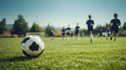 Fototapeta premium School children practicing football on a field.