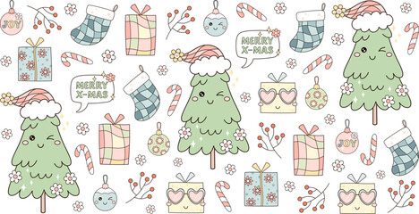 Merry Christmas 16oz libbey glass can wrap. Groovy Christmas tree, gifts, ornaments, socks, lollipops and plants. Holiday tumbler wrapping