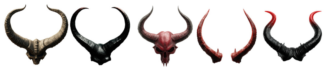 Red demon horns collection for halloween costumes fantasy cosplay gothic illustration and dark design