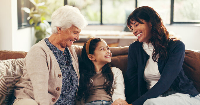 Grandmother, mother and daughter in lounge with trust, visit and bonding in home. Happy, people and family in living room with smile, embrace and generations together for special memory connection