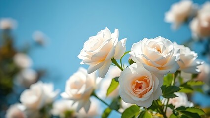 Obraz premium White roses against a blue sky with a soft bokeh background in natural sunlight.