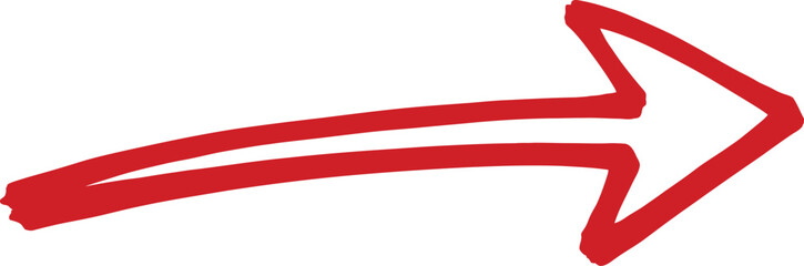 Simple red arrow pointing right hand drawn style on transparent background