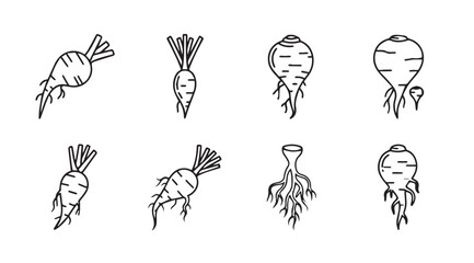 Collection of hand drawn root vegetable silhouettes with tops and roots