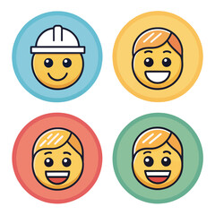 Vector illustration set featuring four colorful cartoon-style emoji icons with various happy expressions. Includes smiling faces, cheerful emojis, and one emoji character wearing a white construction 