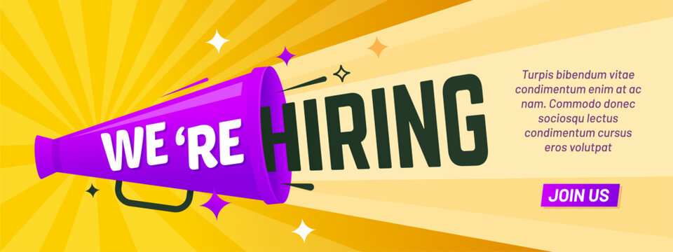 We are hiring banner, join to our team, hire offer banner. Announcement with megaphone. Vector job advertisement, recruitment promotion or social media hiring corporate campaign to attract candidates
